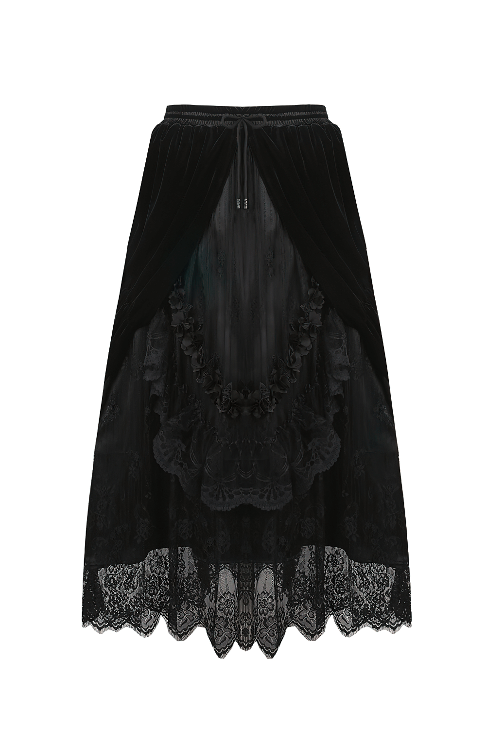 Flowy black velvet gothic maxi skirt with elegant lace trim for a dark, romantic style.