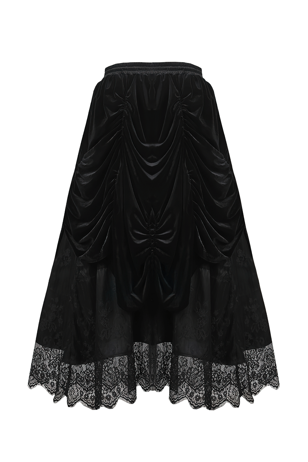 Flowy black velvet gothic maxi skirt with lace trim, perfect for a dark romantic style.