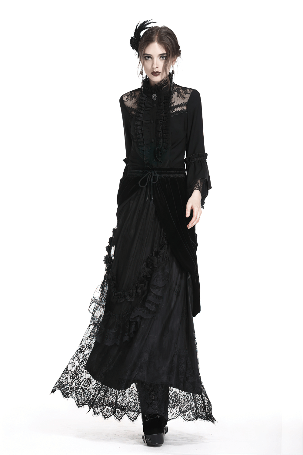 Female Velvet Gothic Maxi Skirt with Lace Trim
