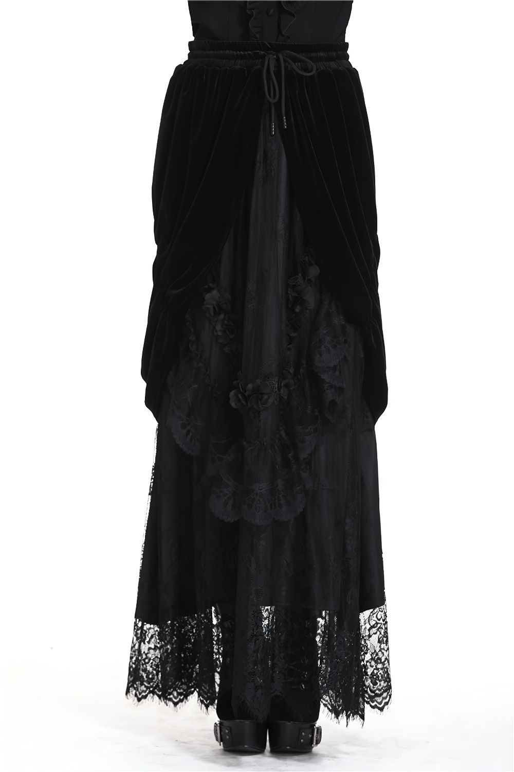 Flowy black velvet gothic maxi skirt with lace trim, perfect for a dark romantic style and elegant occasions.