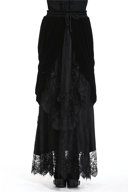 Damen-Gothic-Maxirock aus Samt mit Spitzenbesatz