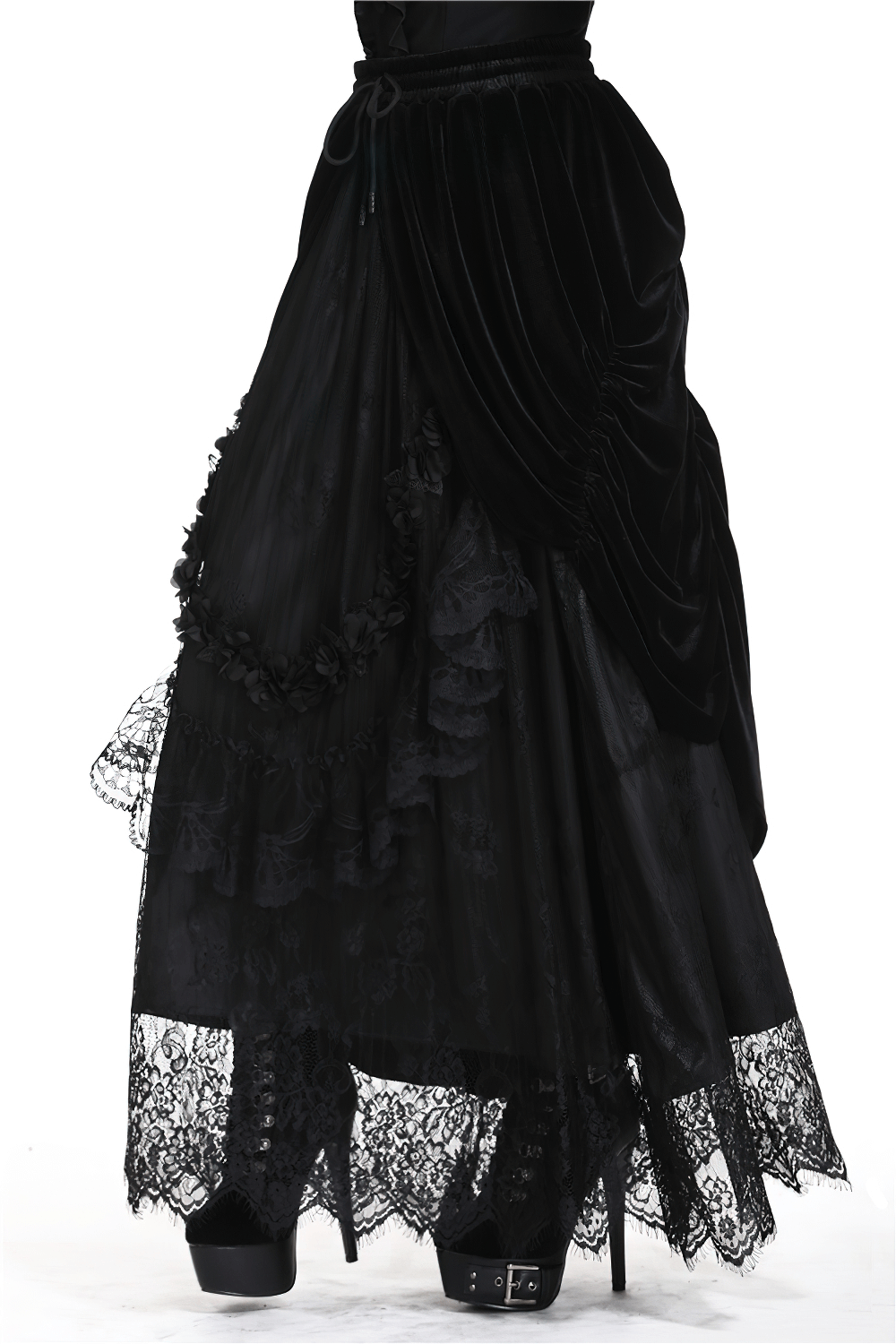 Flowy black velvet gothic maxi skirt with lace trim, perfect for dark and romantic styles.