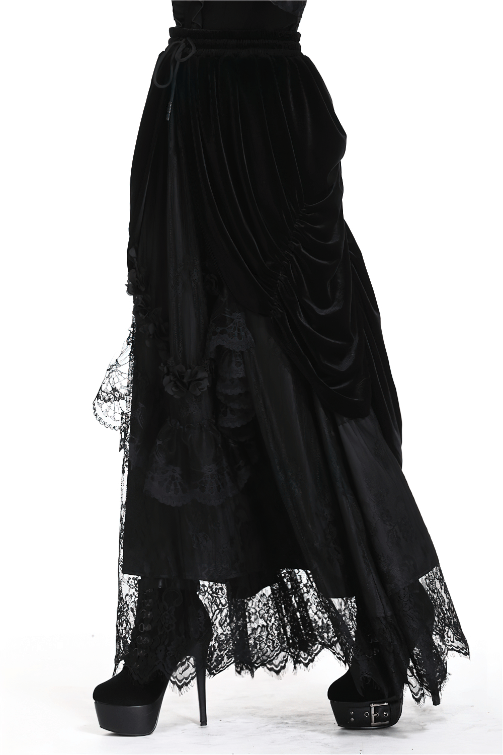 Flowy black velvet gothic maxi skirt with lace trim, perfect for a dark romantic outfit.