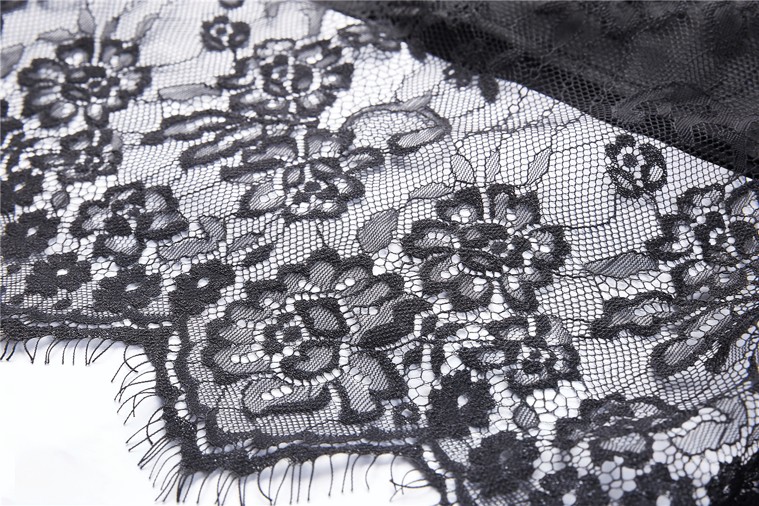 Close-up of black lace trim with floral patterns, perfect for gothic and elegant fashion styles.