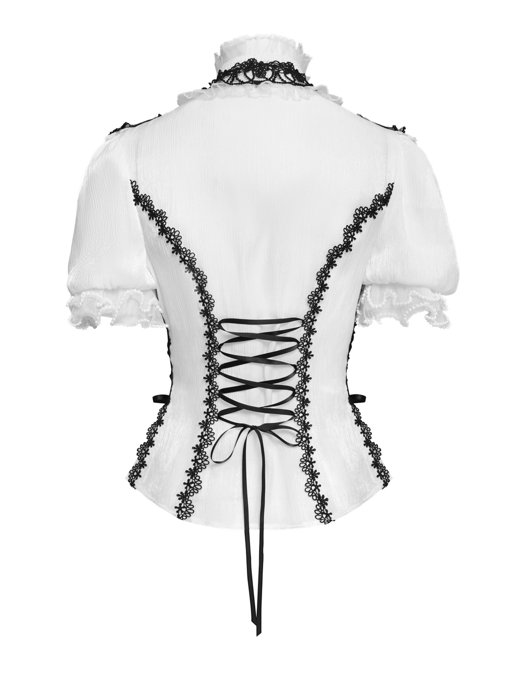 Female Victorian Blouse with Black Lace-Up Corset Back showing lace-up detail and puff sleeves.