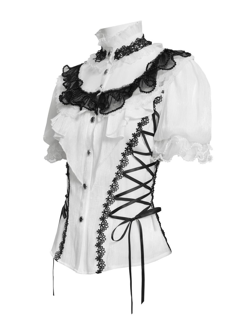 Female Victorian Blouse with Black Lace-Up Corset Back showcasing ruffle collar and lace trim.