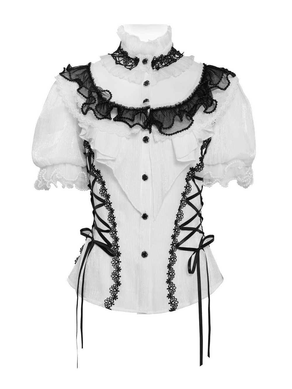 Female Victorian Blouse with Black Lace-Up Corset Back featuring ruffles and lace trim in a gothic style.
