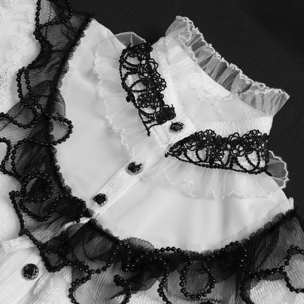Female Victorian Blouse with Black Lace-Up Corset Back featuring a ruffled collar and intricate black lace trim.