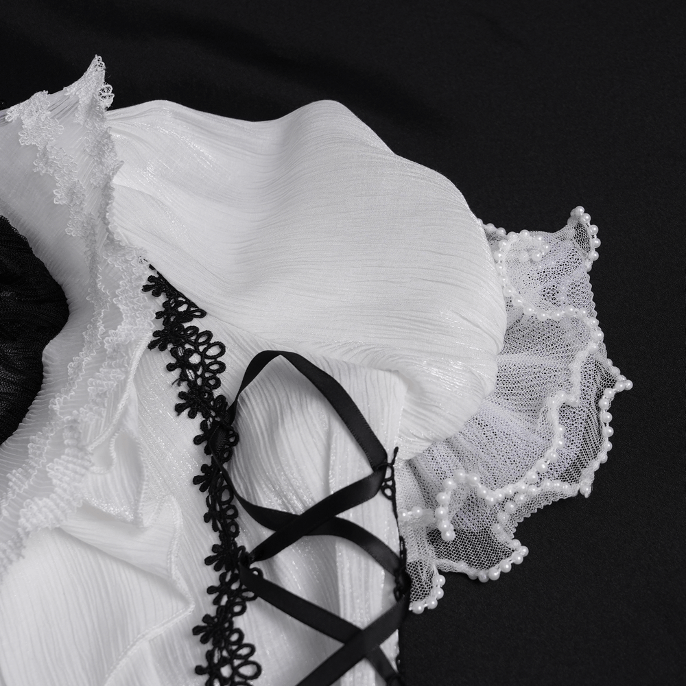 Female Victorian Blouse with Black Lace-Up Corset Back featuring lace trim and ruffled neckline on a dark background.