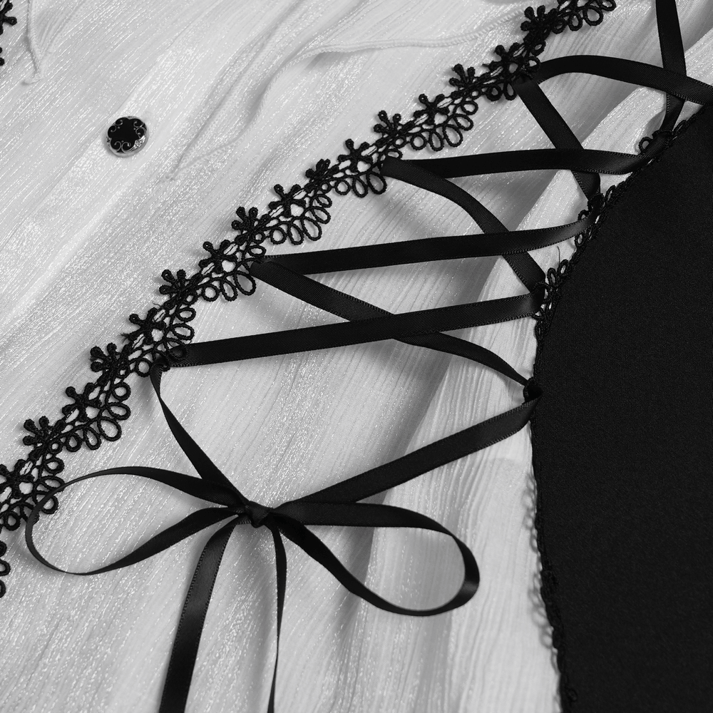 Female Victorian Blouse with Black Lace-Up Corset Back close-up showcasing lace trim and corset-style back ties.