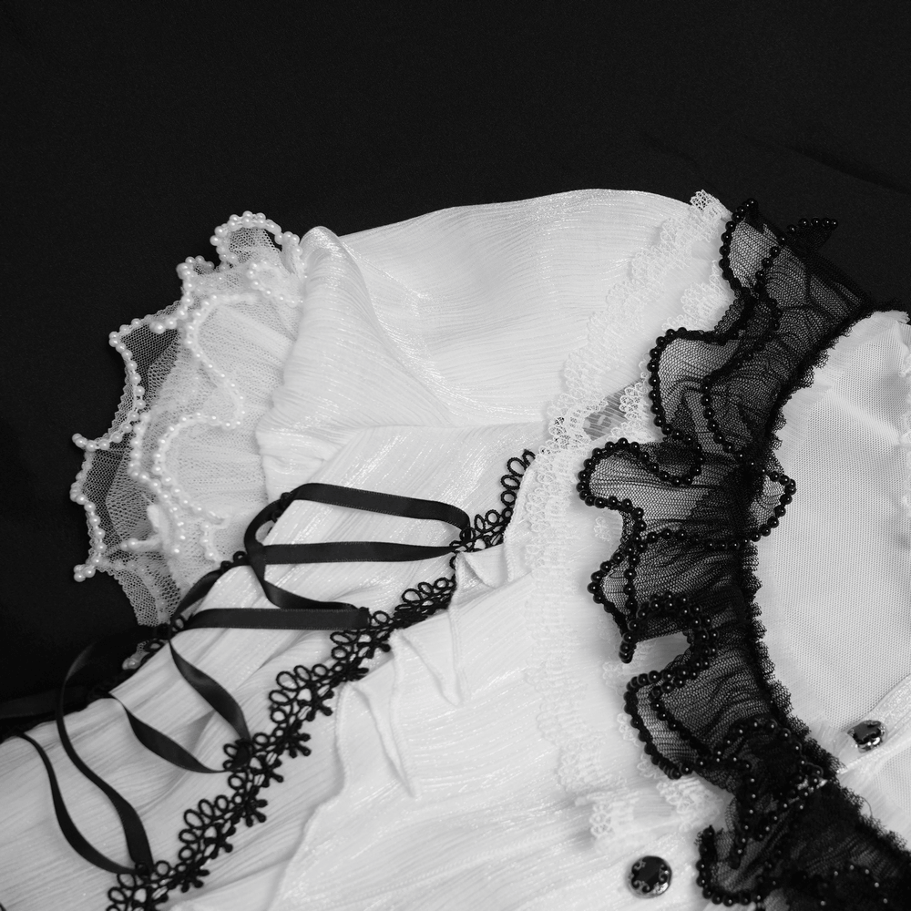 Female Victorian Blouse with Black Lace-Up Corset Back featuring elegant ruffles and lace details.