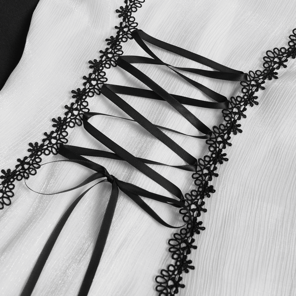 Female Victorian Blouse with Black Lace-Up Corset Back showing lacing and lace trim detail on a white fabric.