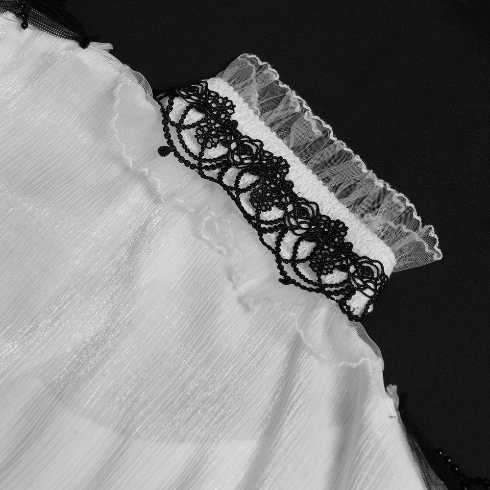 Female Victorian Blouse with Black Lace-Up Corset Back close-up showcasing black lace trim and ruffle details.