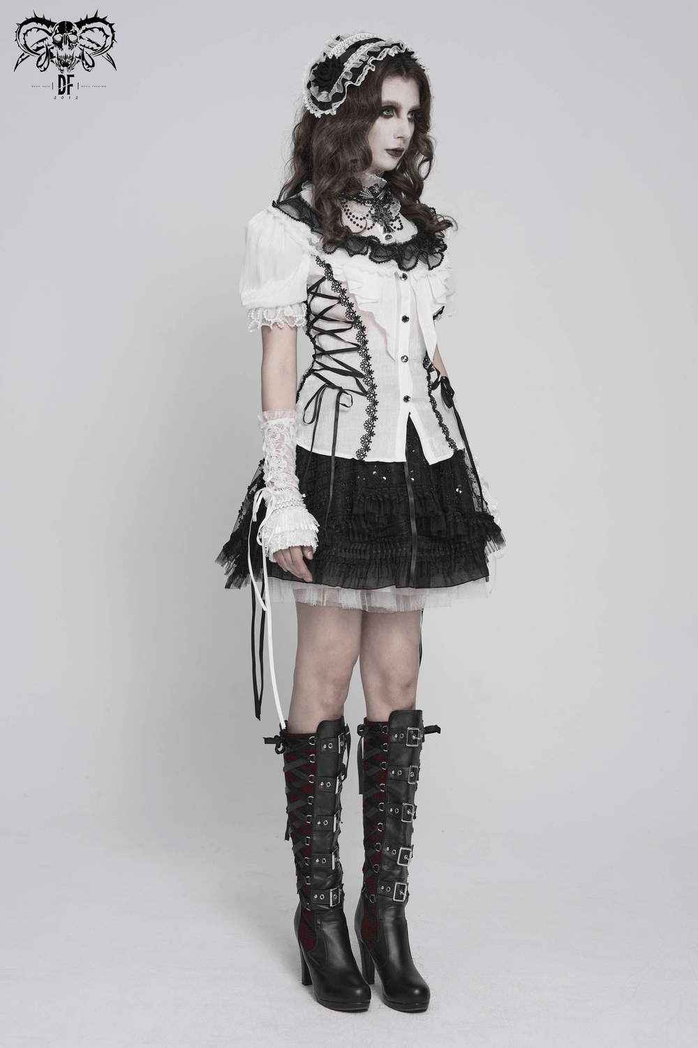 Female Victorian Blouse with Black Lace-Up Corset Back worn with gothic accessories and boots, highlighting Victorian Lolita style.