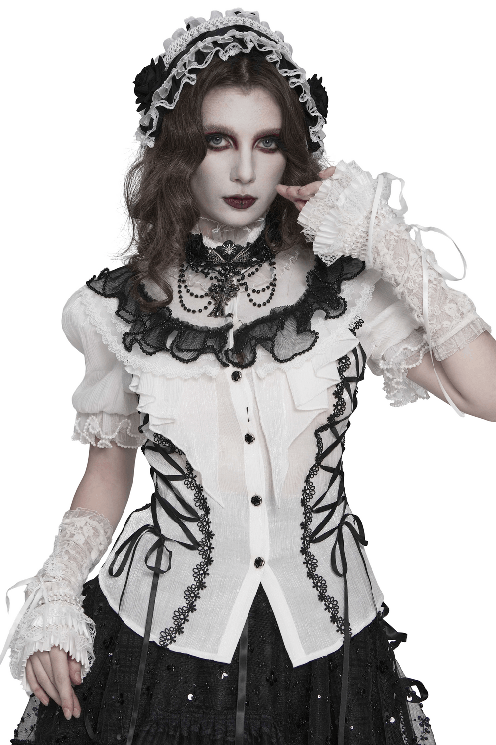 Female Victorian Blouse with Black Lace-Up Corset Back, featuring puff short sleeves and lace detail.