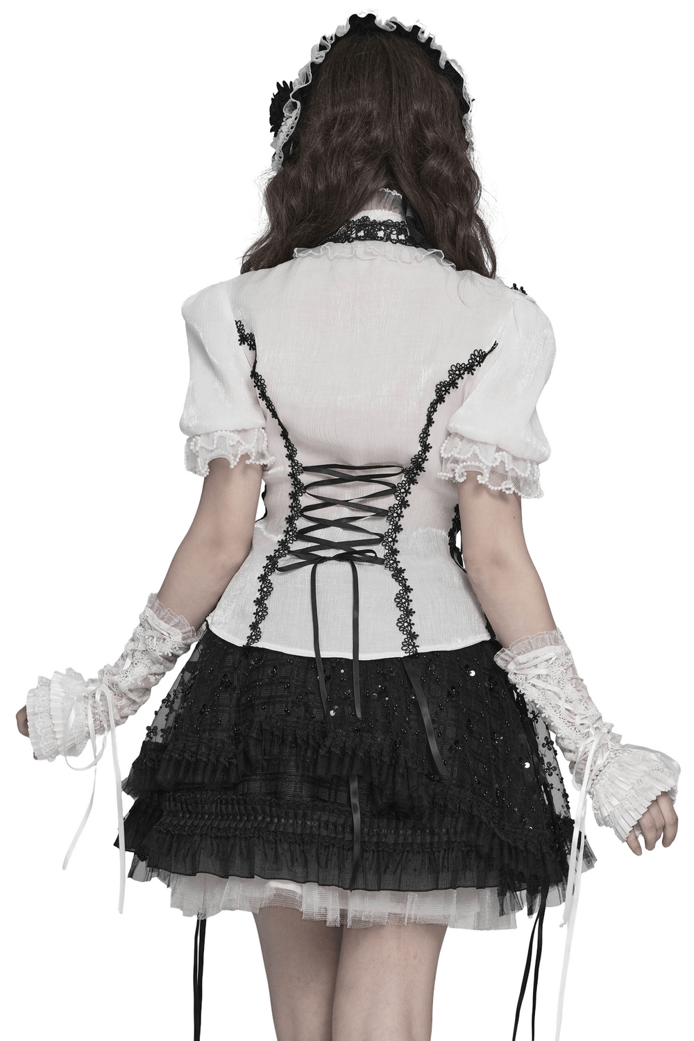 Female Victorian Blouse with Black Lace-Up Corset Back featuring a dramatic lace-up back design.