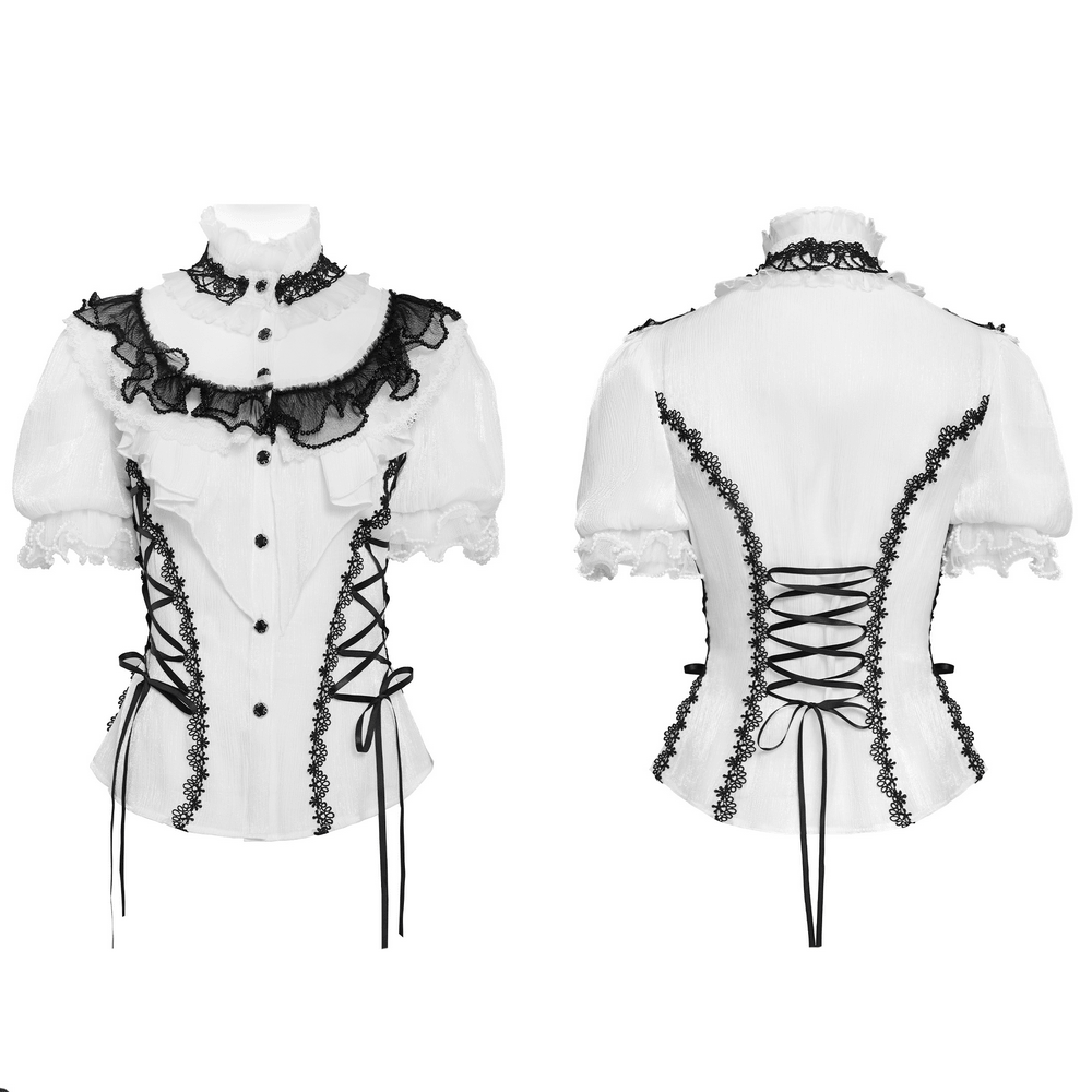 Female Victorian Blouse with Black Lace-Up Corset Back showcasing puff sleeves and elegant lace detailing.