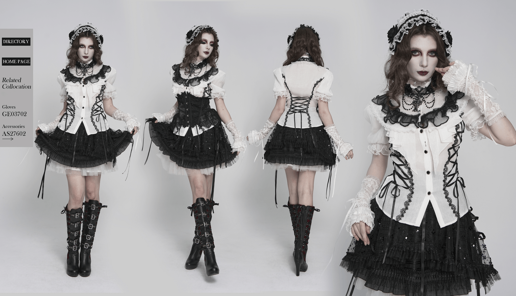 Female Victorian Blouse with Black Lace-Up Corset Back worn by a model showcasing its gothic style and intricate design.