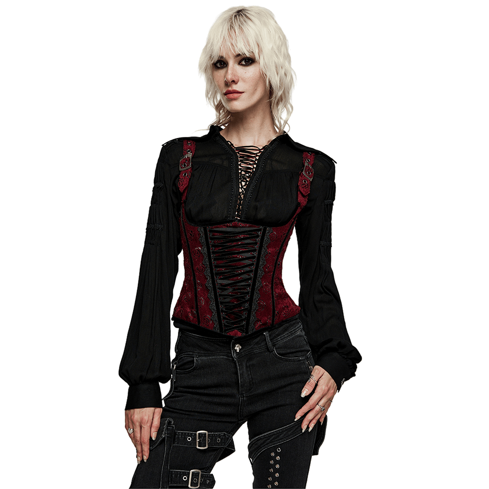 Victorian Goth corset with lace detailing, adjustable straps, and elegant design for timeless style.