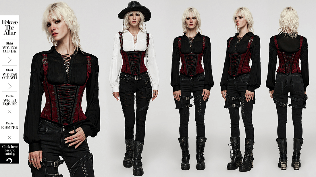 Female Victorian lace-up corset with embroidered detail, styled for gothic elegance and vintage flair.