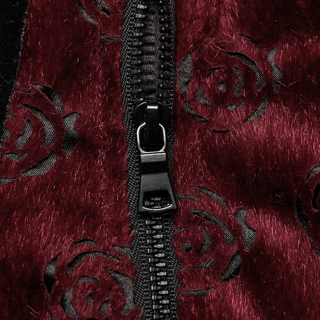 Close-up of the side zipper on a burgundy Victorian lace-up corset with rose embossed faux wool fabric.