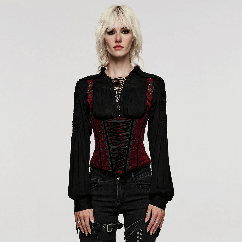 Female Victorian Goth corset in red and black with lace-up design and embroidered roses, styled for timeless elegance.