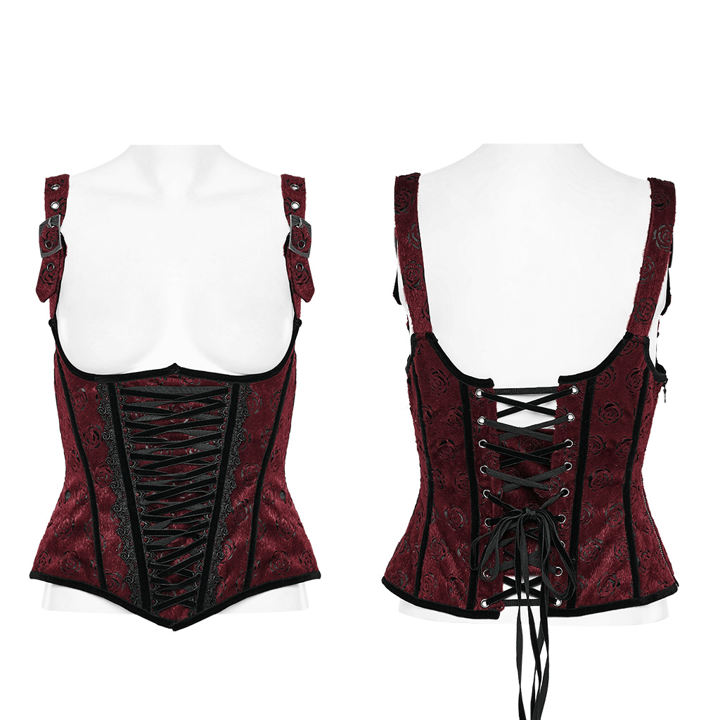 Female Victorian lace-up corset in burgundy with embroidered rose detail and adjustable straps.