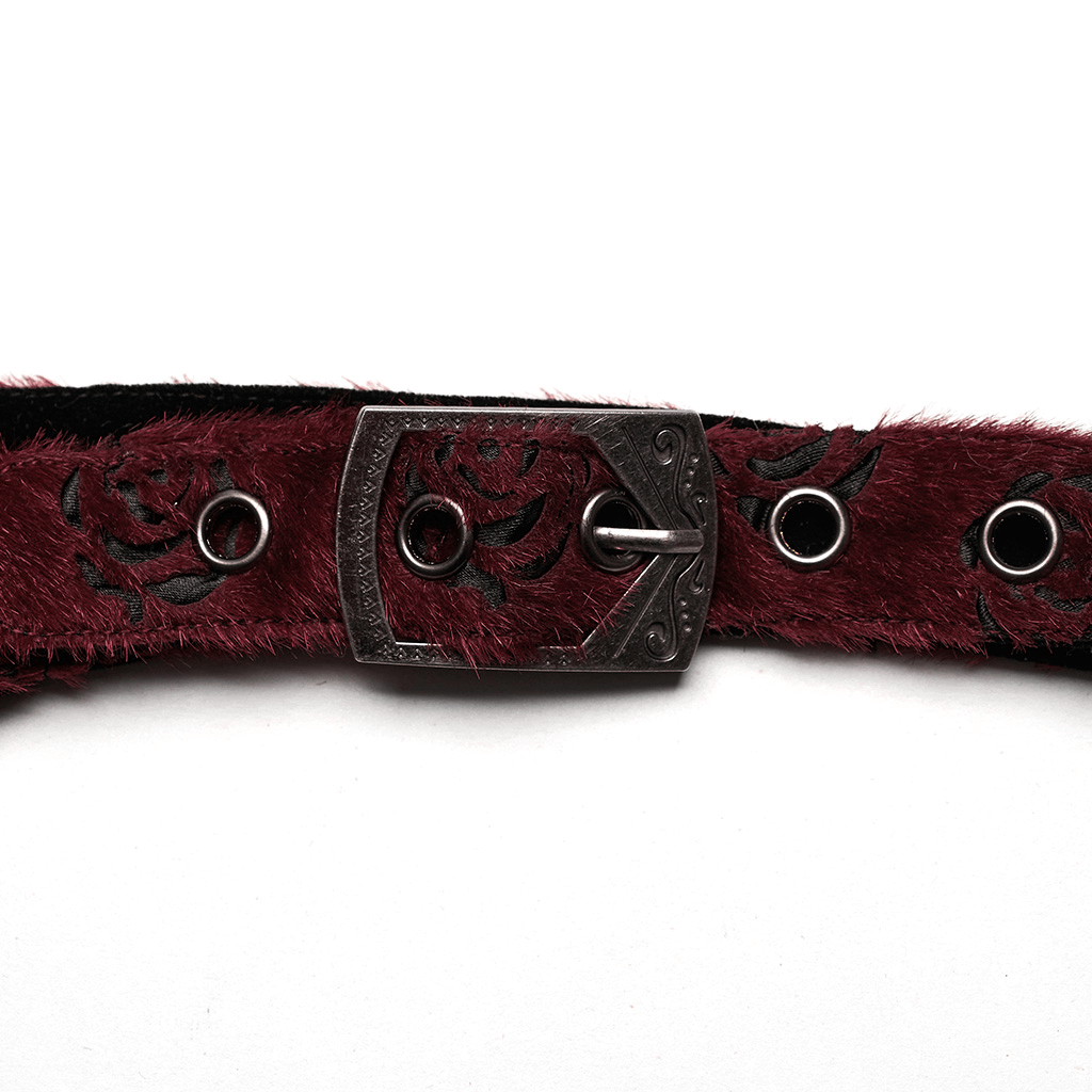 Gothic burgundy belt with intricate rose embroidery and decorative buckle for a vintage-inspired touch.
