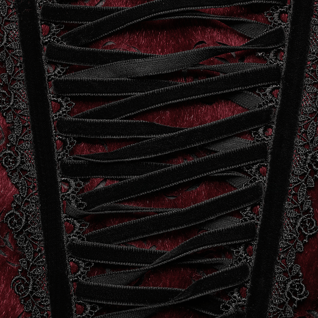 Close-up of black lace detailing and ribbon lacing on a Victorian Goth corset in rich burgundy fabric.