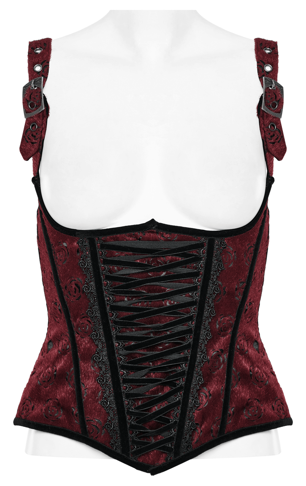 Female Victorian Goth Corset with embossed burgundy fabric and adjustable straps for vintage elegance.