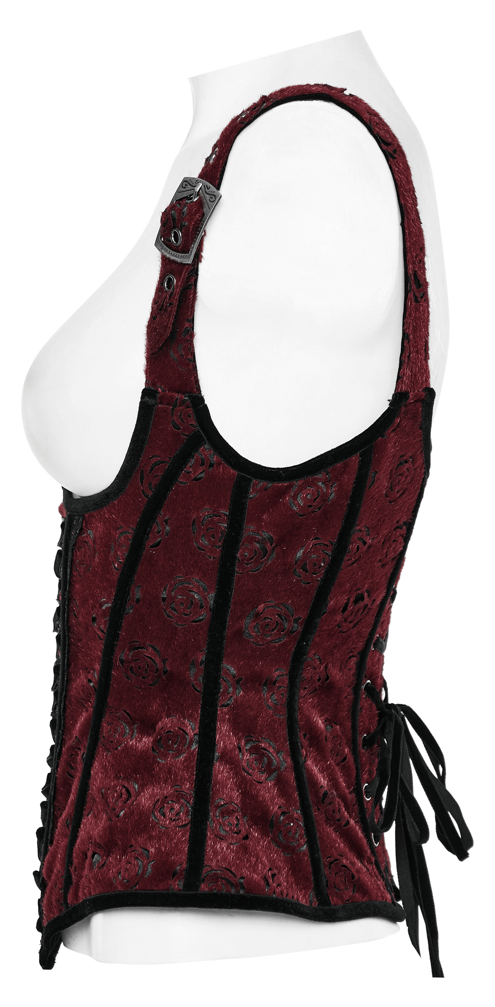 Victorian lace-up goth corset in dark red with embroidered rose pattern, adjustable straps, and side zipper for easy wear.