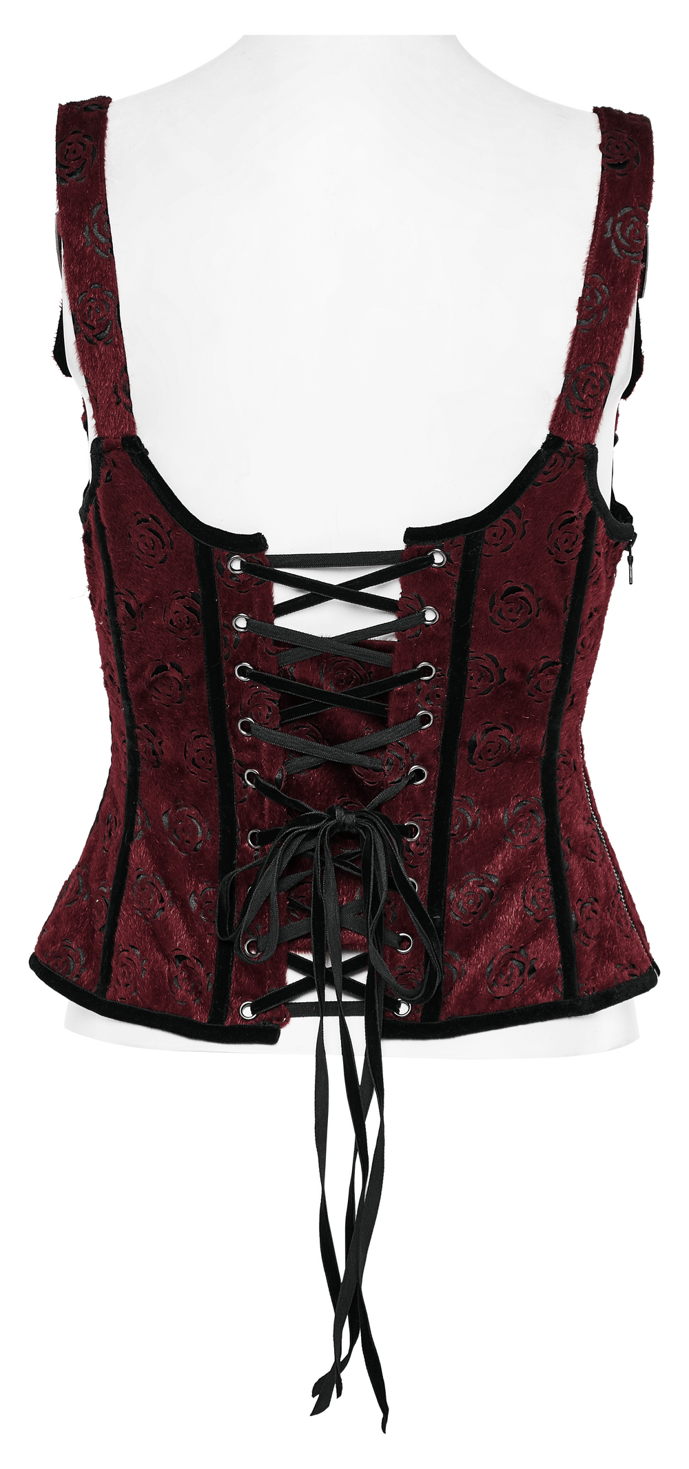 Back view of a female Victorian lace-up corset in burgundy, featuring embroidered rose detail and adjustable drawstrings.