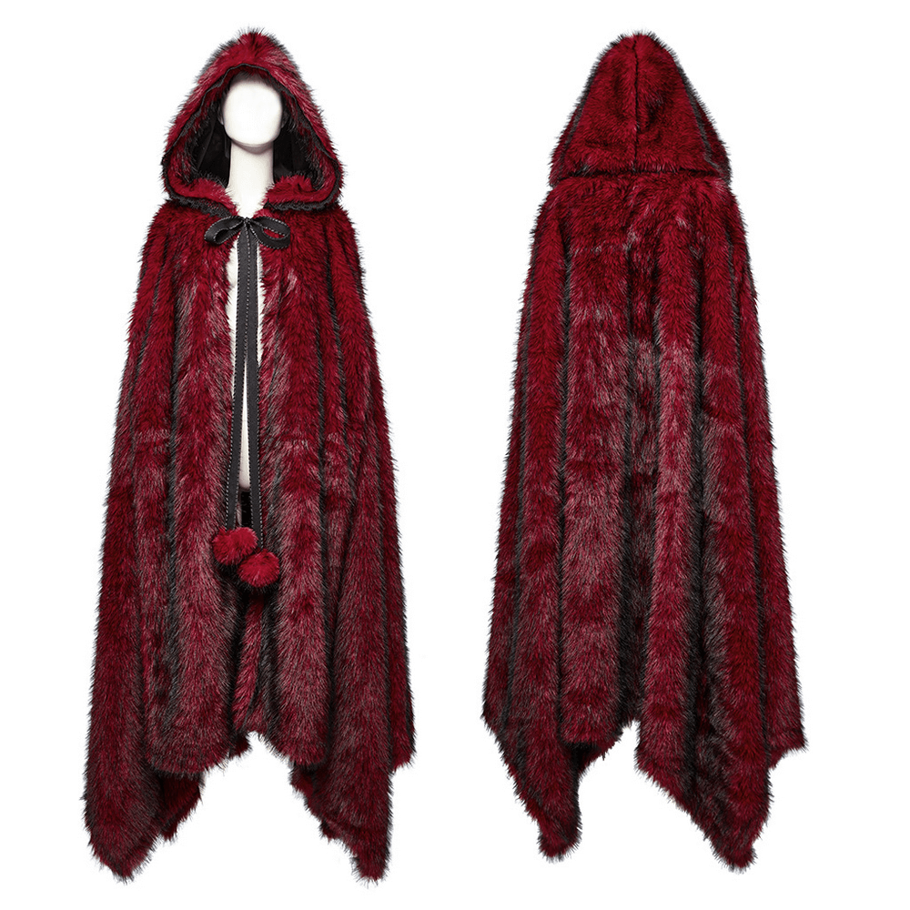 Female Warm Faux Fur Hooded Cloak with Asymmetric Hem