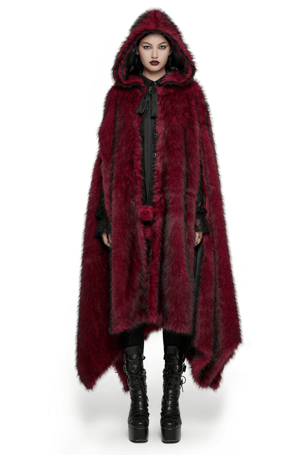 Female Warm Faux Fur Hooded Cloak with Asymmetric Hem