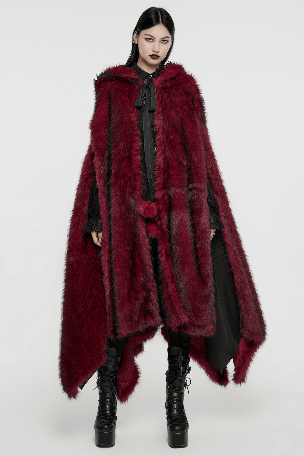 Female Warm Faux Fur Hooded Cloak with Asymmetric Hem