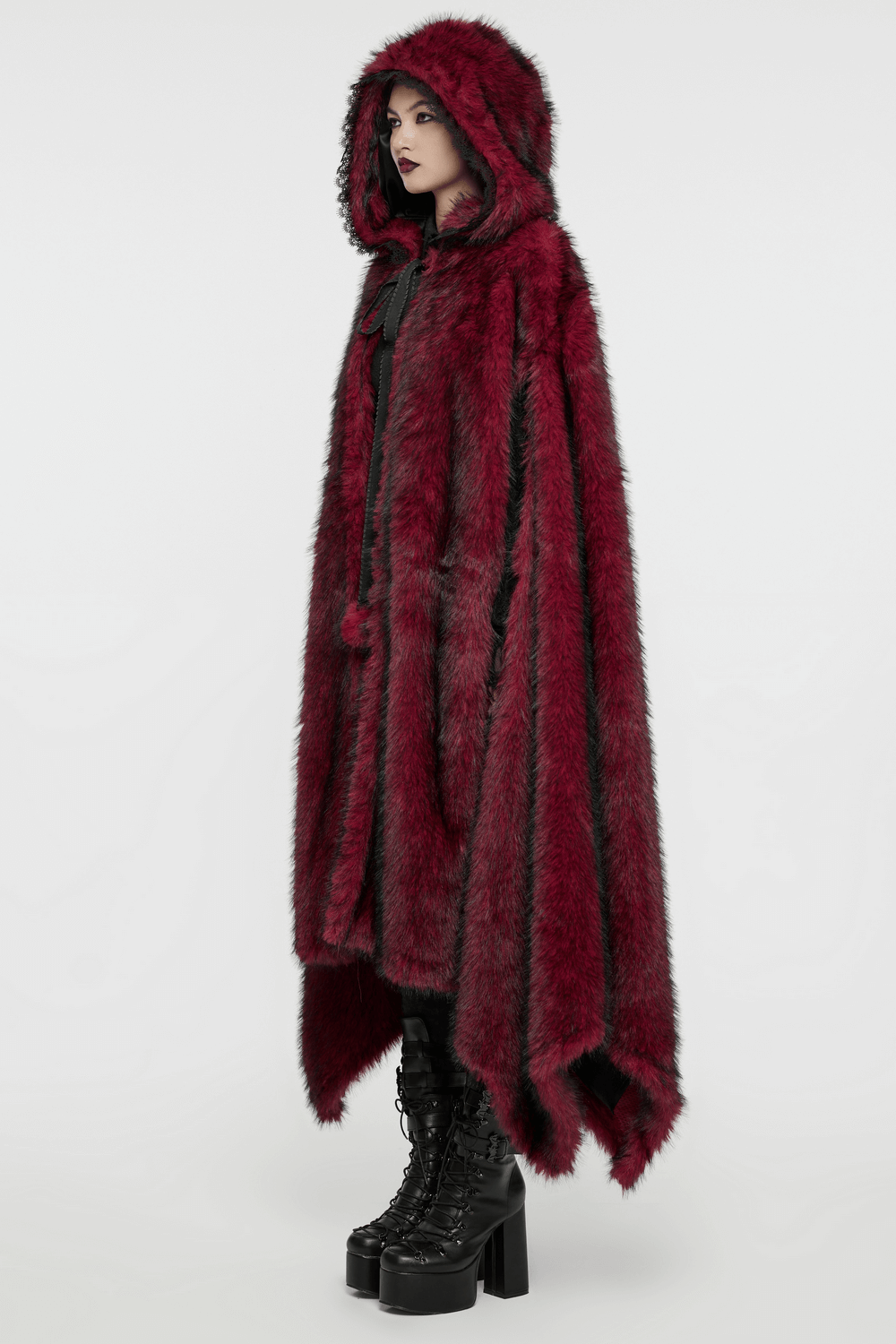 Female Warm Faux Fur Hooded Cloak with Asymmetric Hem