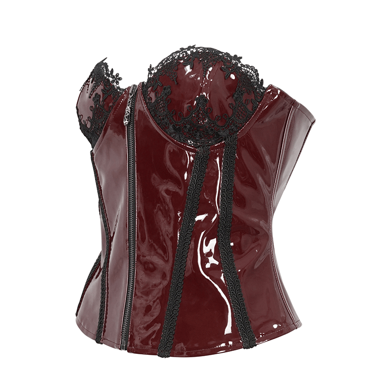 Elegant wine red gothic PU leather corset with black floral lace detailing, perfect for dark romance enthusiasts.