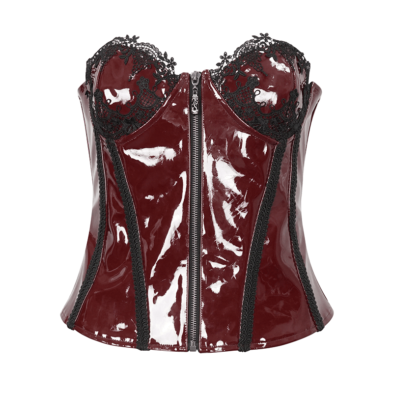 Wine red gothic PU leather corset with black floral lace, perfect for elegant gothic fashion lovers.
