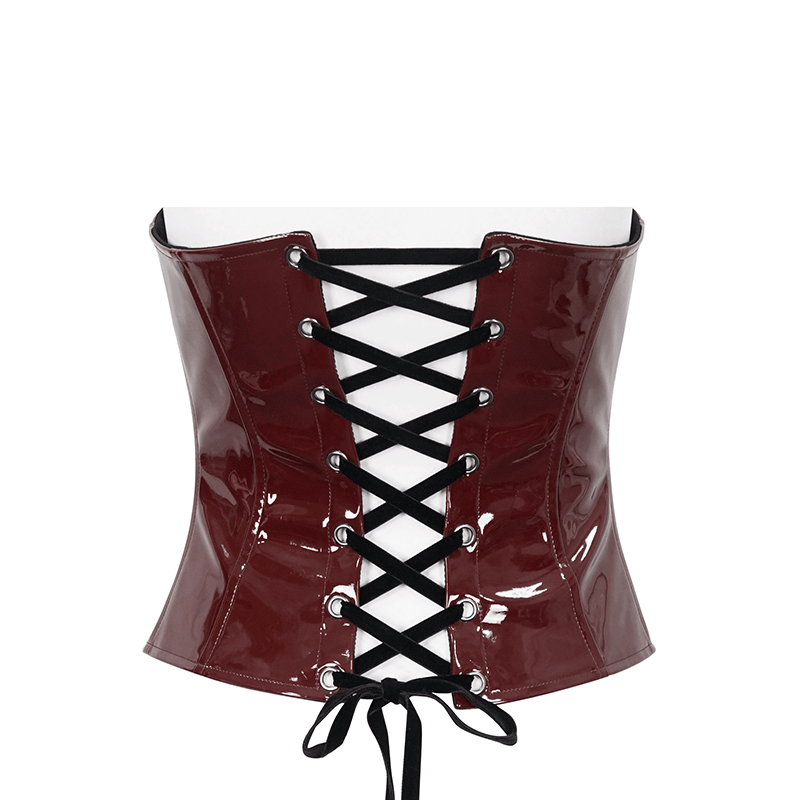 Female Wine Red Gothic PU Leather Corset with Black Floral Lace - HARD'N'HEAVY