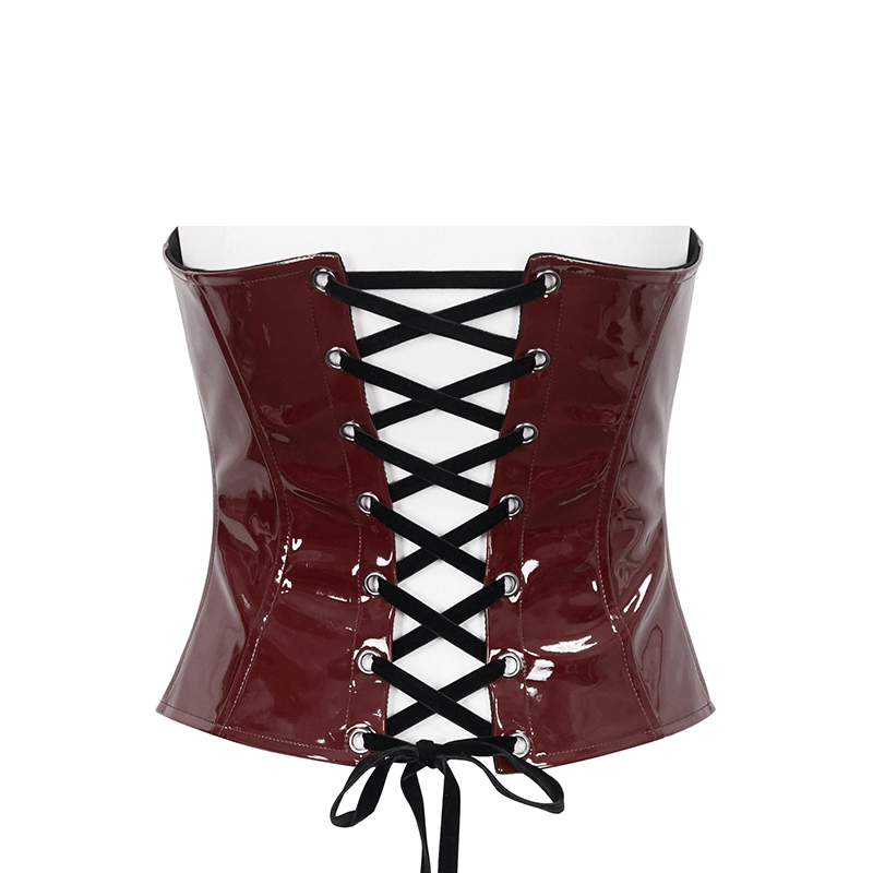 Gothic wine red PU leather corset with black lace-up detail, perfect for adding elegance to any outfit.