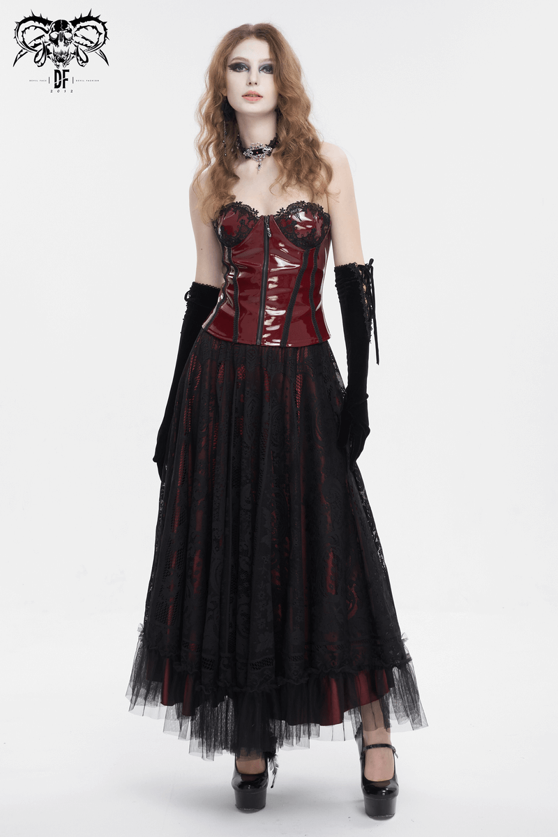 Gothic elegance: Wine red PU leather corset with black floral lace, paired with a flowing black skirt and gloves.