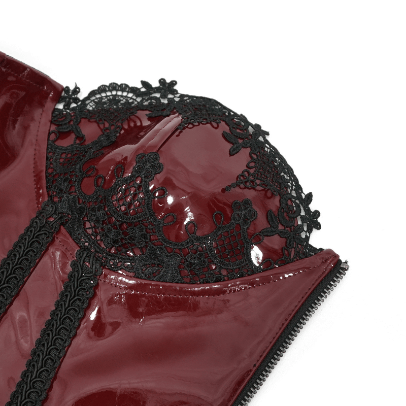 Close-up of wine red gothic corset with black floral lace detailing, showcasing its elegant design and texture.
