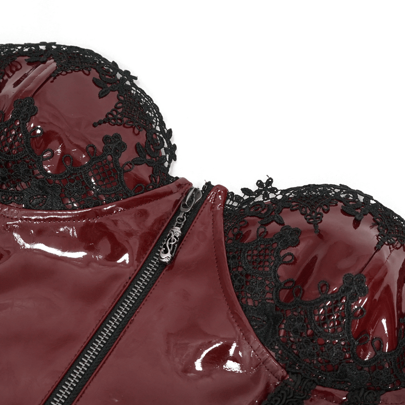 Wine red gothic PU leather corset with elegant black floral lace detail and zipper.