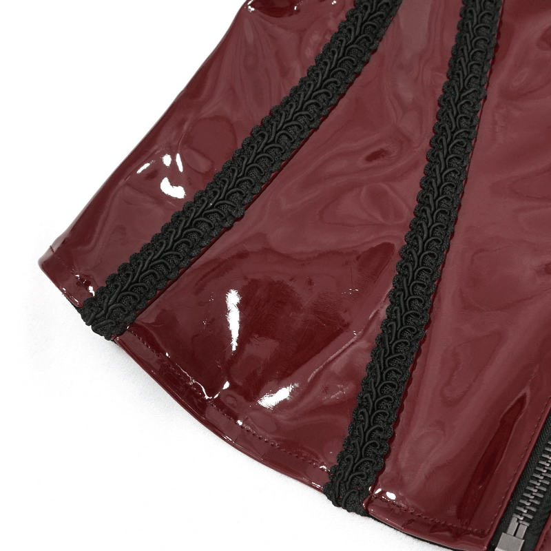 Close-up of a wine red PU leather corset featuring black lace trim, showcasing gothic elegance and detailed craftsmanship.