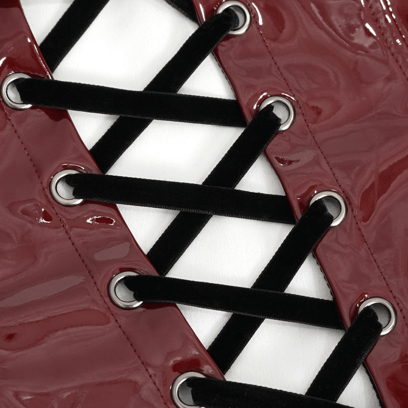 Close-up of wine red PU leather corset lacing with black ribbon woven through eyelets, showcasing gothic style.