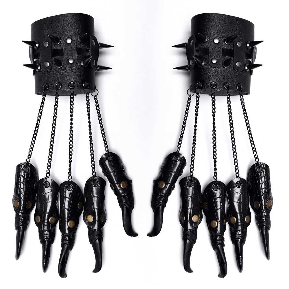 Fierce faux leather punk claw gloves with spikes and chains, perfect for a rockstar look!