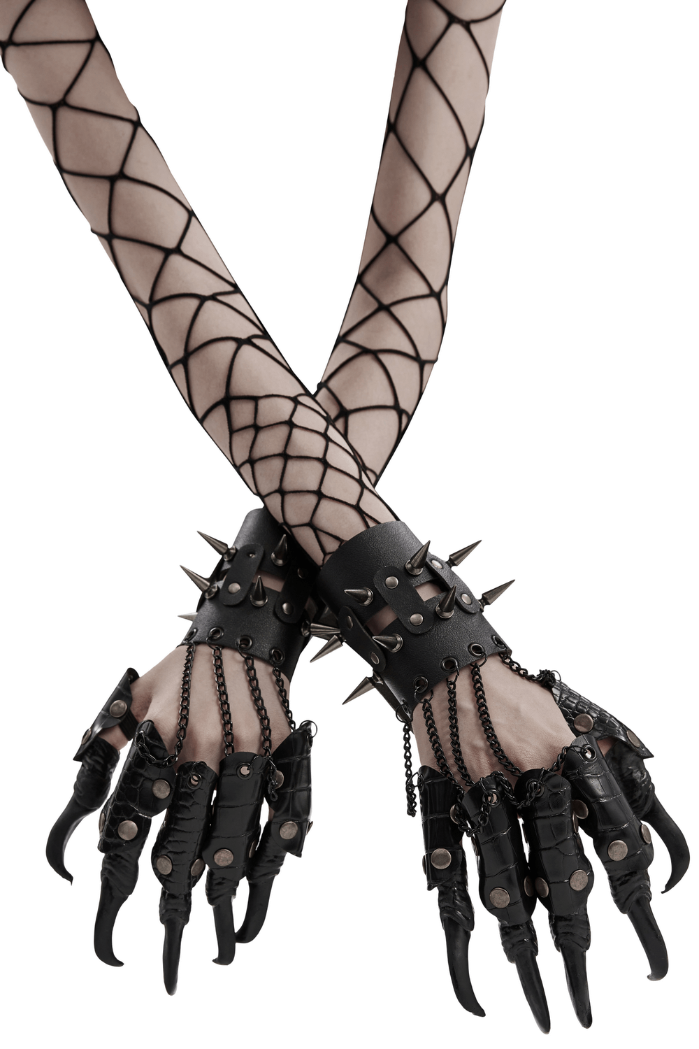 Fierce punk claw gloves with spikes and chains, paired with fishnet sleeves for a rockstar look.
