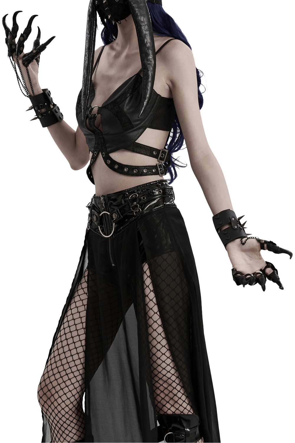 Fierce punk claw gloves with chains, showcasing a bold black faux leather design and edgy rockstar style.
