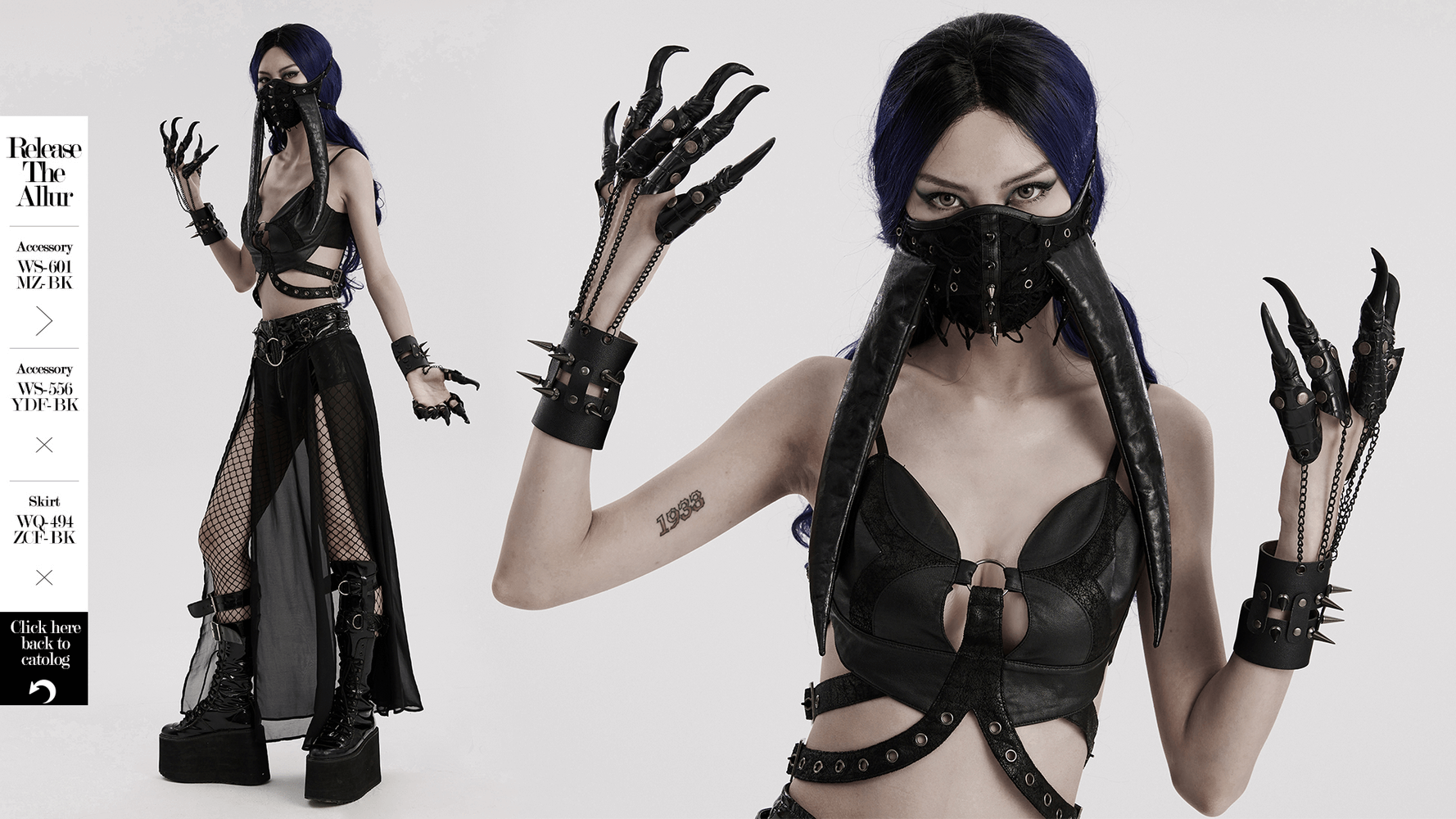Fierce punk claw gloves with chains on model, showcasing edgy faux leather and spiked design for a rockstar look.