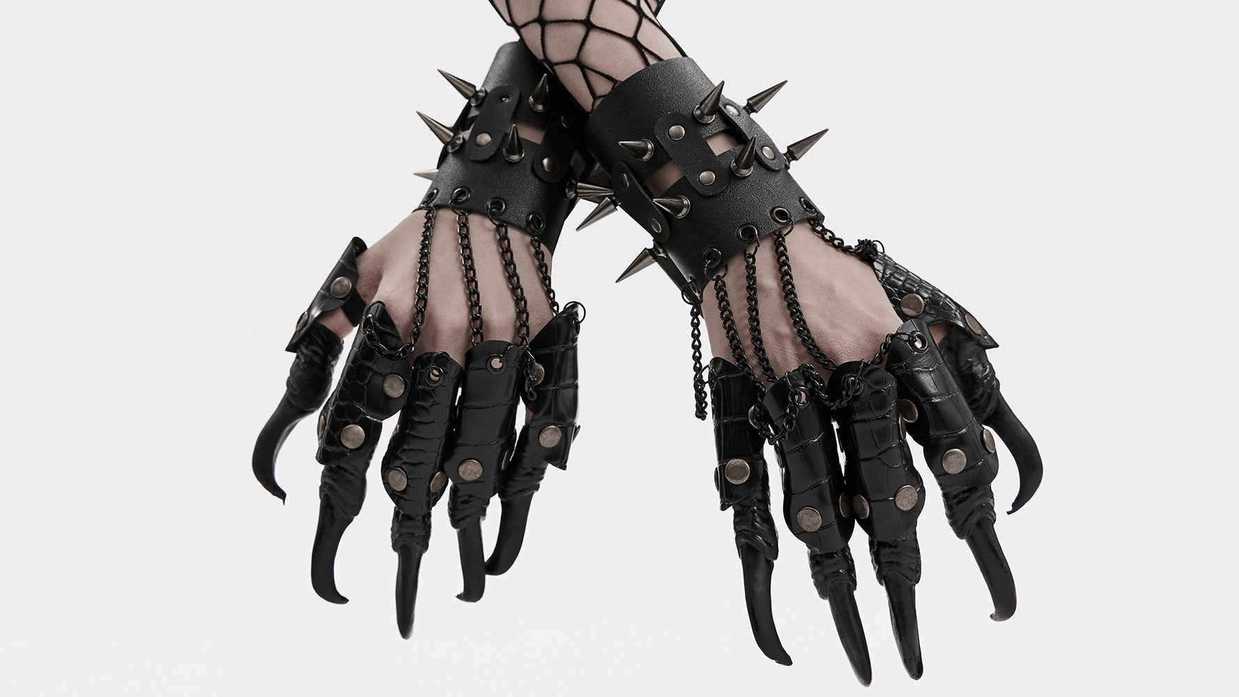 Fierce faux leather punk claw gloves with spikes and chains for a rockstar look.